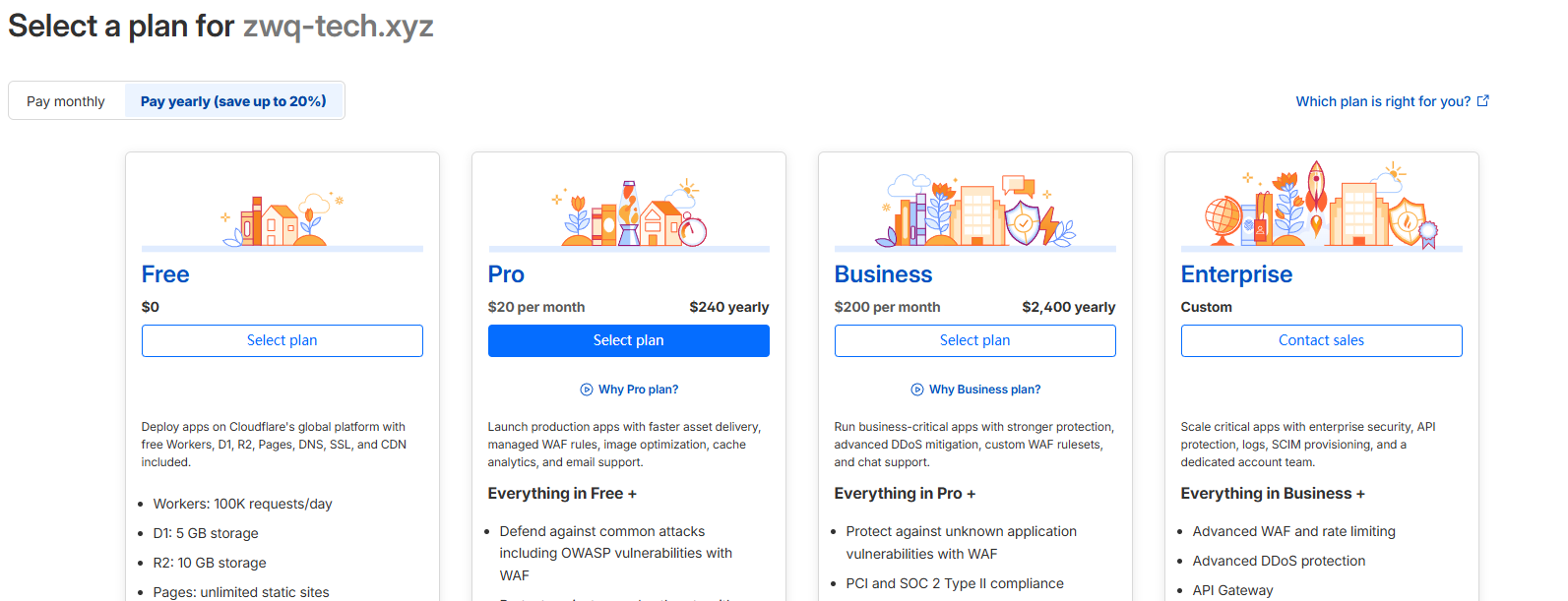 选择 Cloudflare Free 套餐